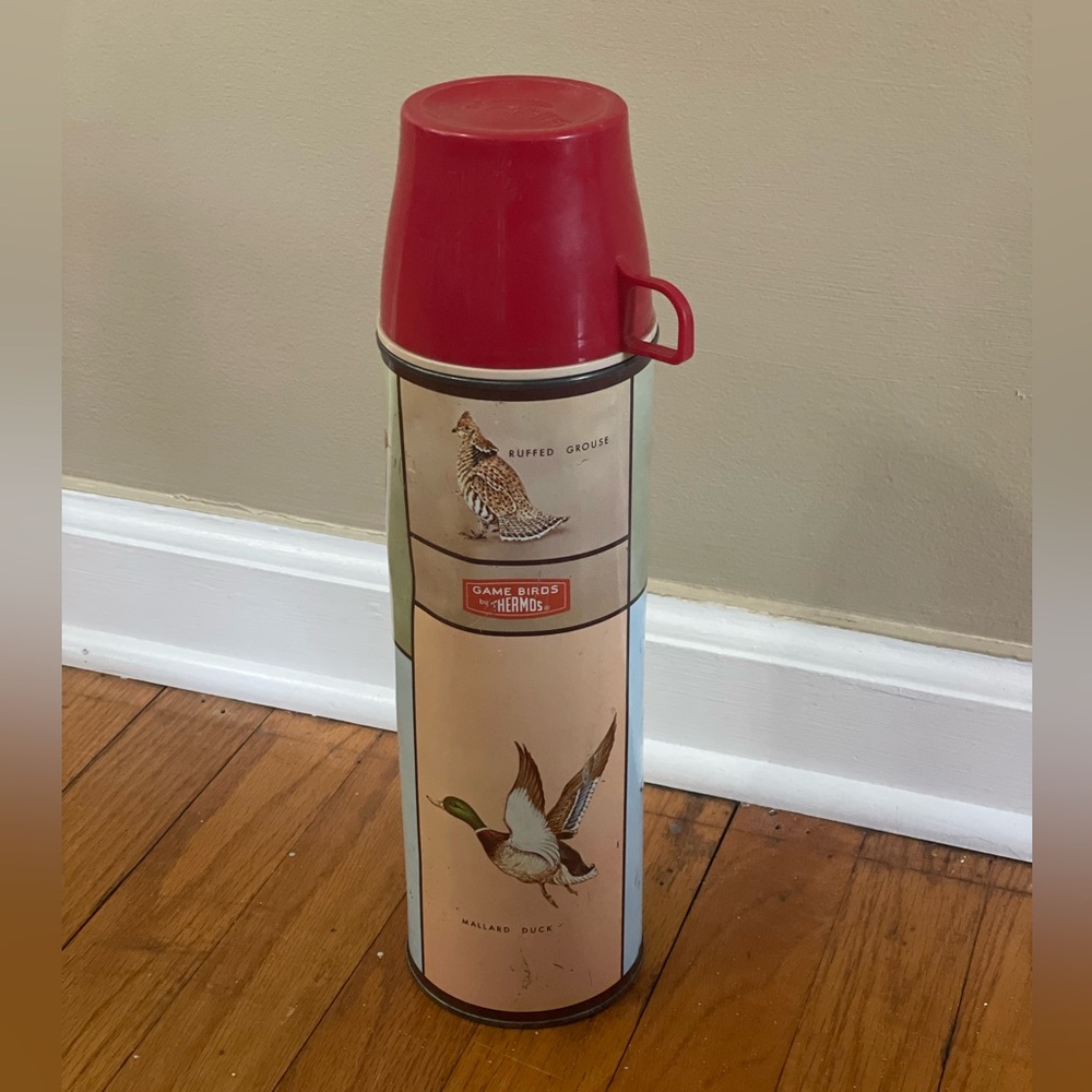 Vintage King Seeley Game Birds Tall Thermos 1 Pint Bottle Pheasant Mallard 1950s